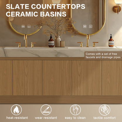 68” - 96” Spacious Modern Bathroom Vanity Includes Rock Slab Integrated Sink