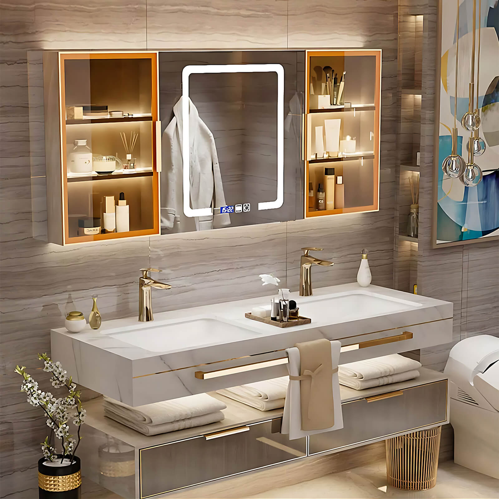 36"- 78" Bathroom Vanity with Glass Door Mirror Cabinet and Sink