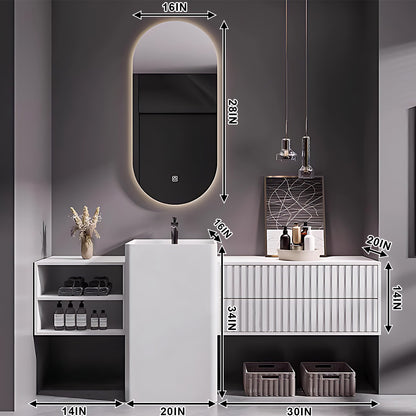40"- 72" White Bathroom Vanity Set with Integrated Column Basin and Smart Oval Mirror