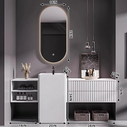 40"- 72" White Bathroom Vanity Set with Integrated Column Basin and Smart Oval Mirror