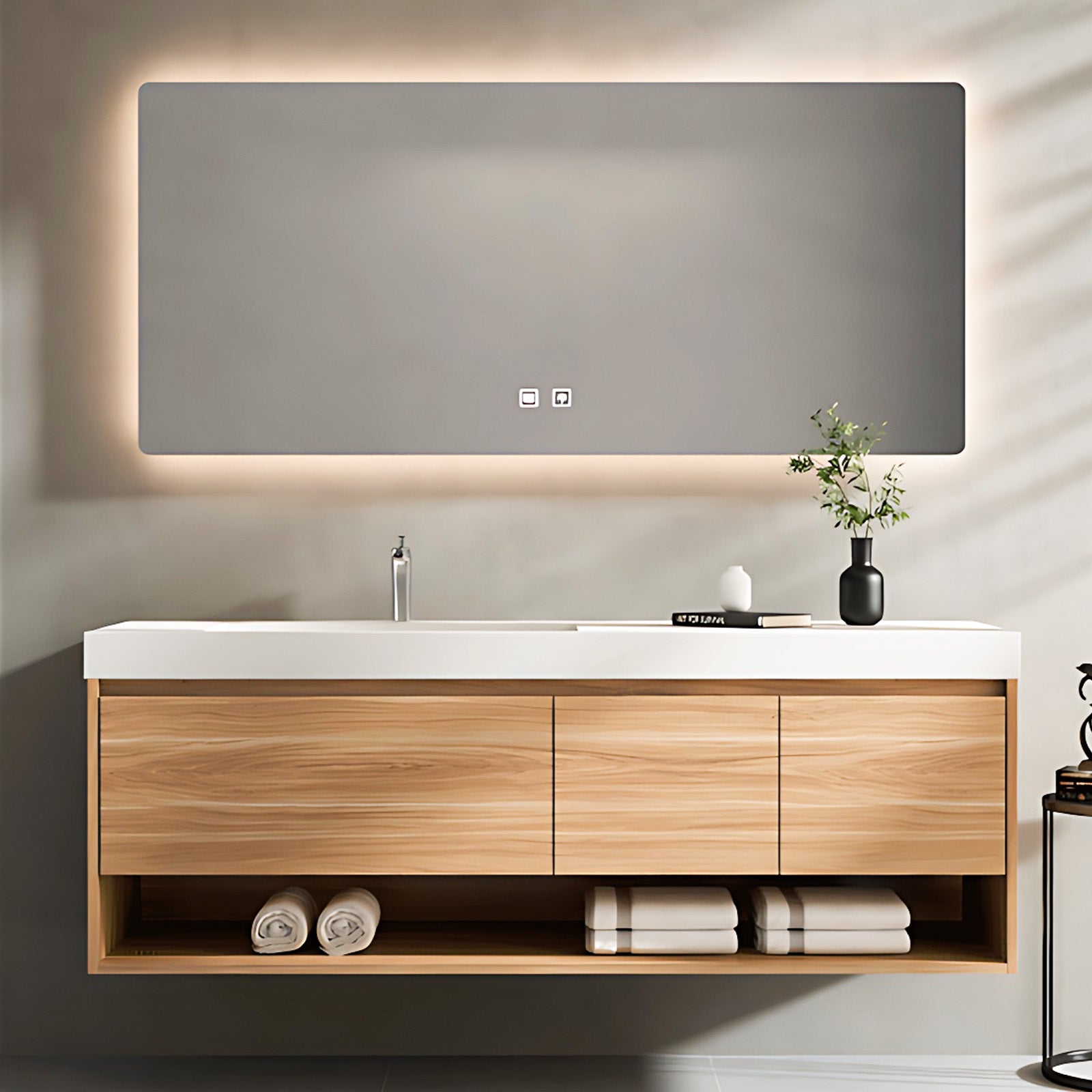 52“ - 64”Solid Wood Simple Style Rock Board Ceramic Basin Bathroom Cabinet Set