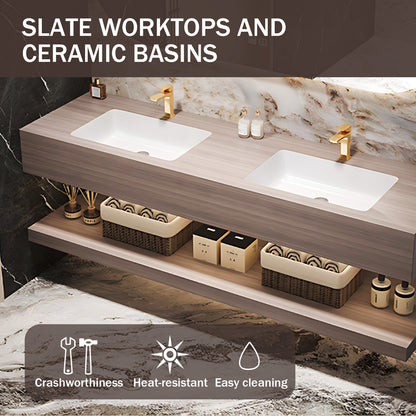 56“ - 78”Modern Style Rock Plate Ceramic Basin Double Sink Bathroom Cabinet Combination