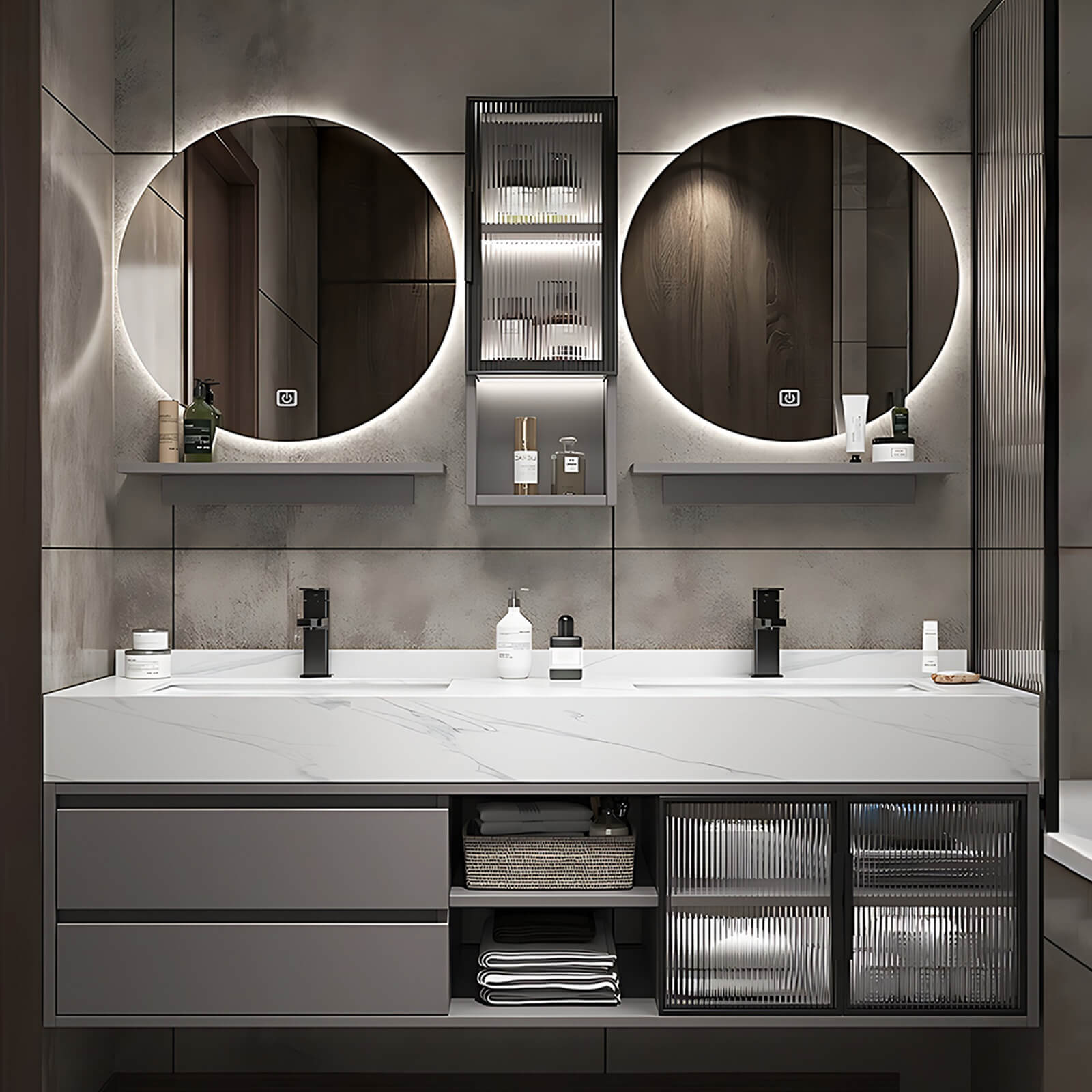 52"- 78" Double Round LED Mirror Bathroom Vanity Set with Double Sink