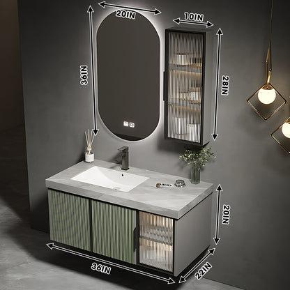 36"- 78" Floating Bathroom Vanity Set with Mirror, Sink and Striped Glass Doors Cabinet