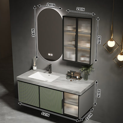 36"- 78" Floating Bathroom Vanity Set with Mirror, Sink and Striped Glass Doors Cabinet