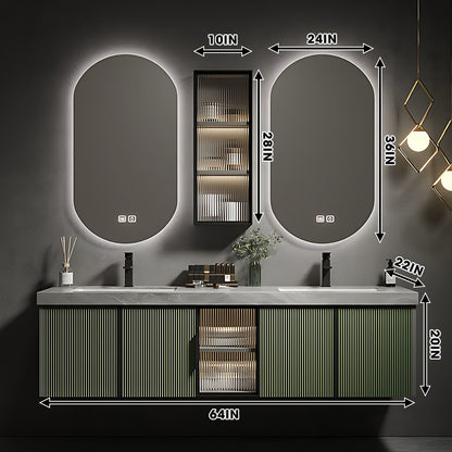 36"- 78" Floating Bathroom Vanity Set with Mirror, Sink and Striped Glass Doors Cabinet