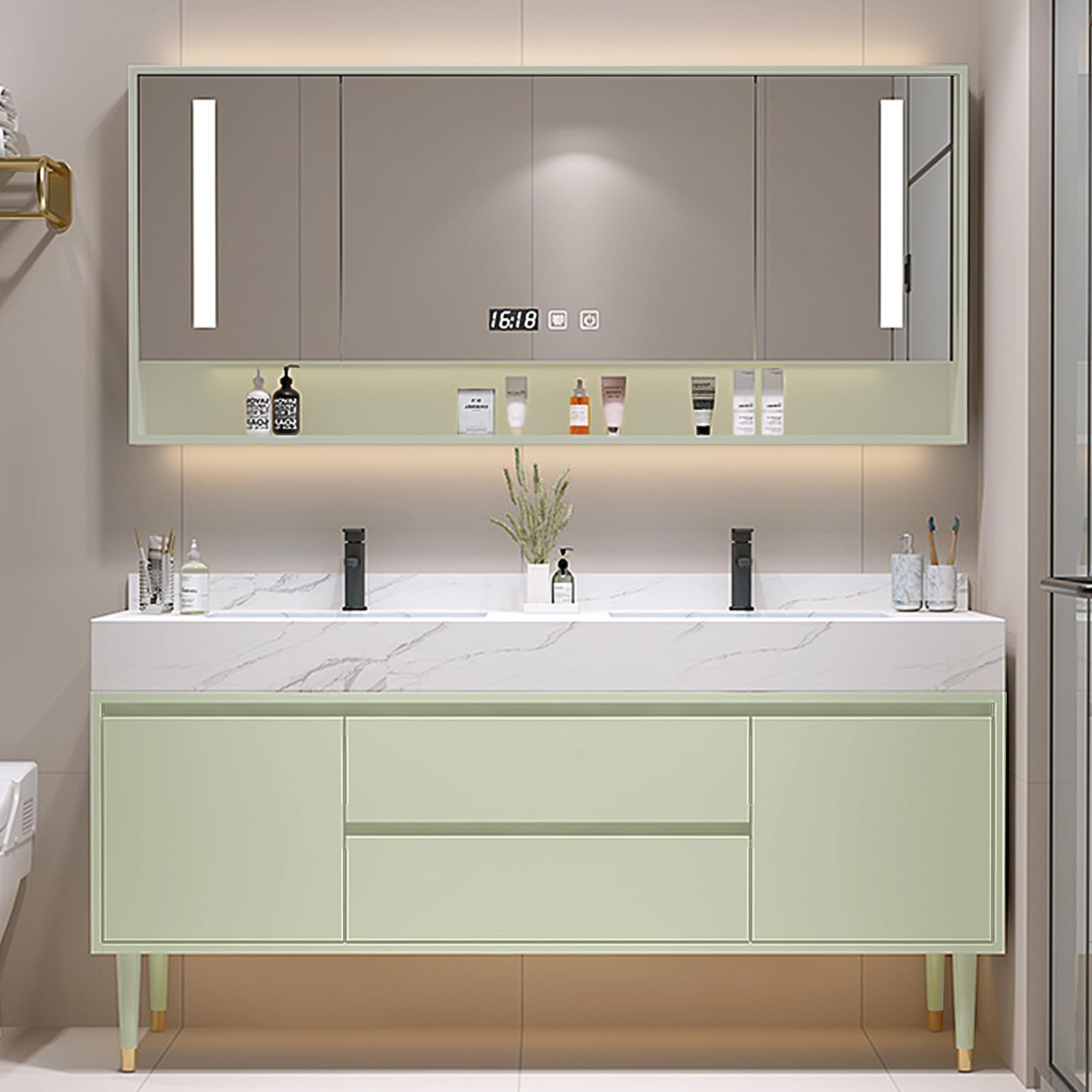 52"- 56" Freestanding Double Sink Green Bathroom Vanity Set with LED Mirror