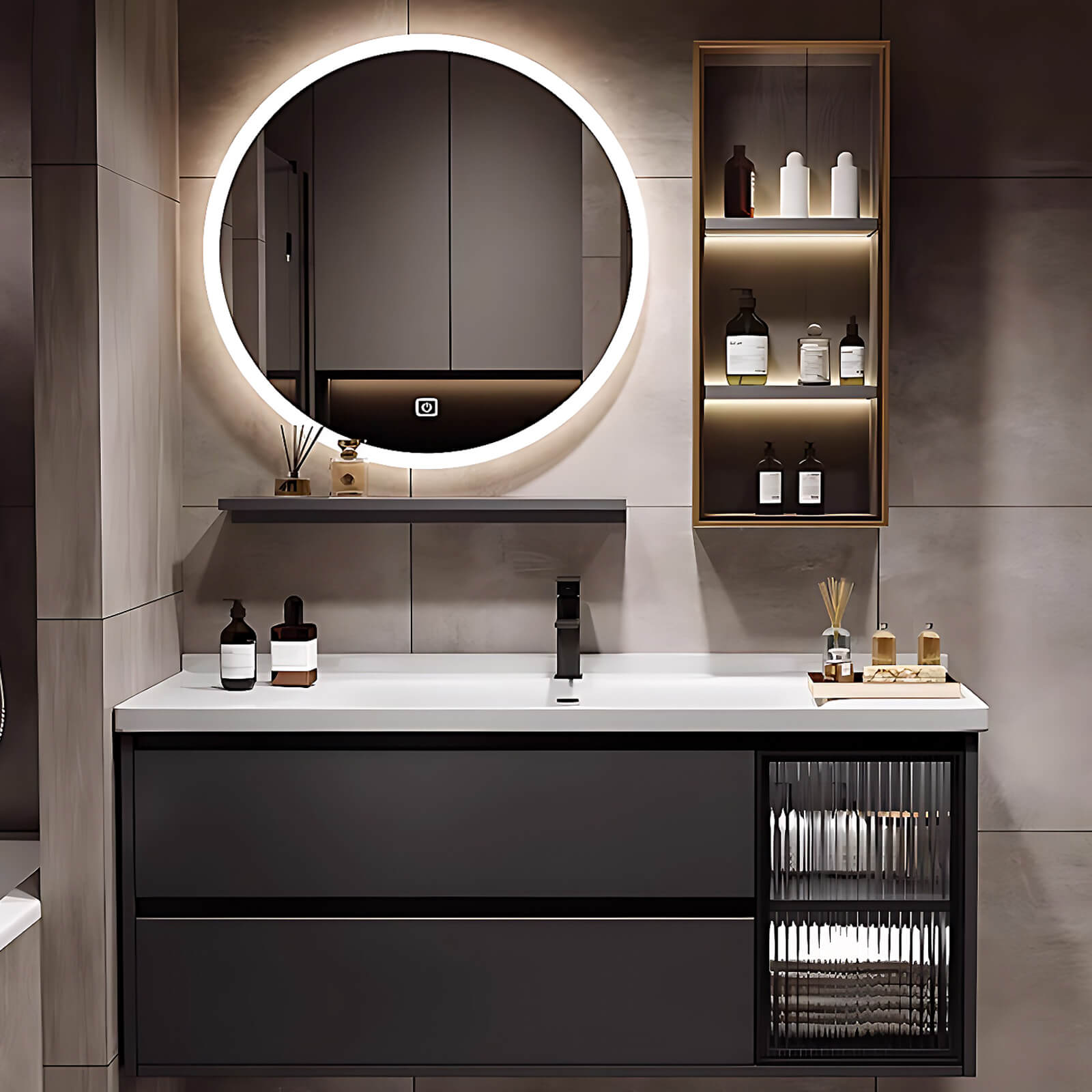 36"- 60" Grey Floating Bathroom Vanity And Single Sink With Round Mirror And Cabinet