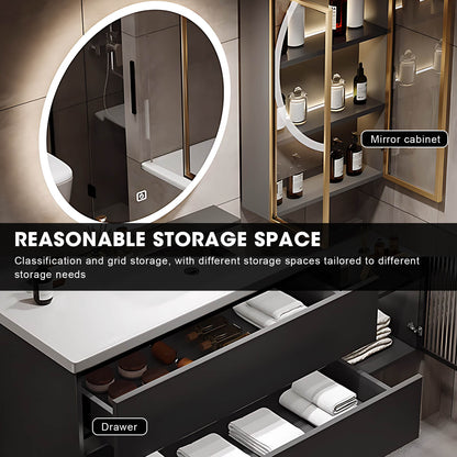 36"- 60" Grey Floating Bathroom Vanity And Single Sink With Round Mirror And Cabinet