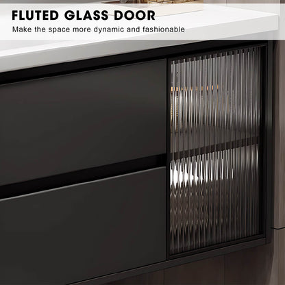 36"- 60" Grey Floating Bathroom Vanity And Single Sink With Round Mirror And Cabinet