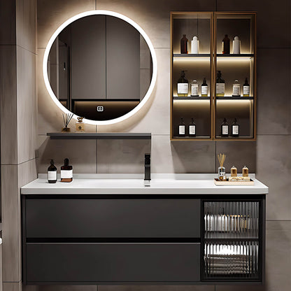 36"- 60" Grey Floating Bathroom Vanity And Single Sink With Round Mirror And Cabinet