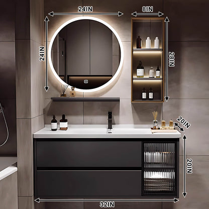 36"- 60" Grey Floating Bathroom Vanity And Single Sink With Round Mirror And Cabinet