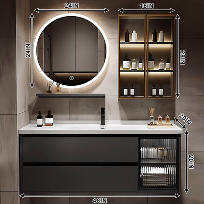 36"- 60" Grey Floating Bathroom Vanity And Single Sink With Round Mirror And Cabinet