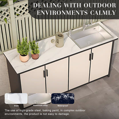 62.99" Outdoor Kitchen Stainless Steel Sink with Black Handles and Slate Countertop