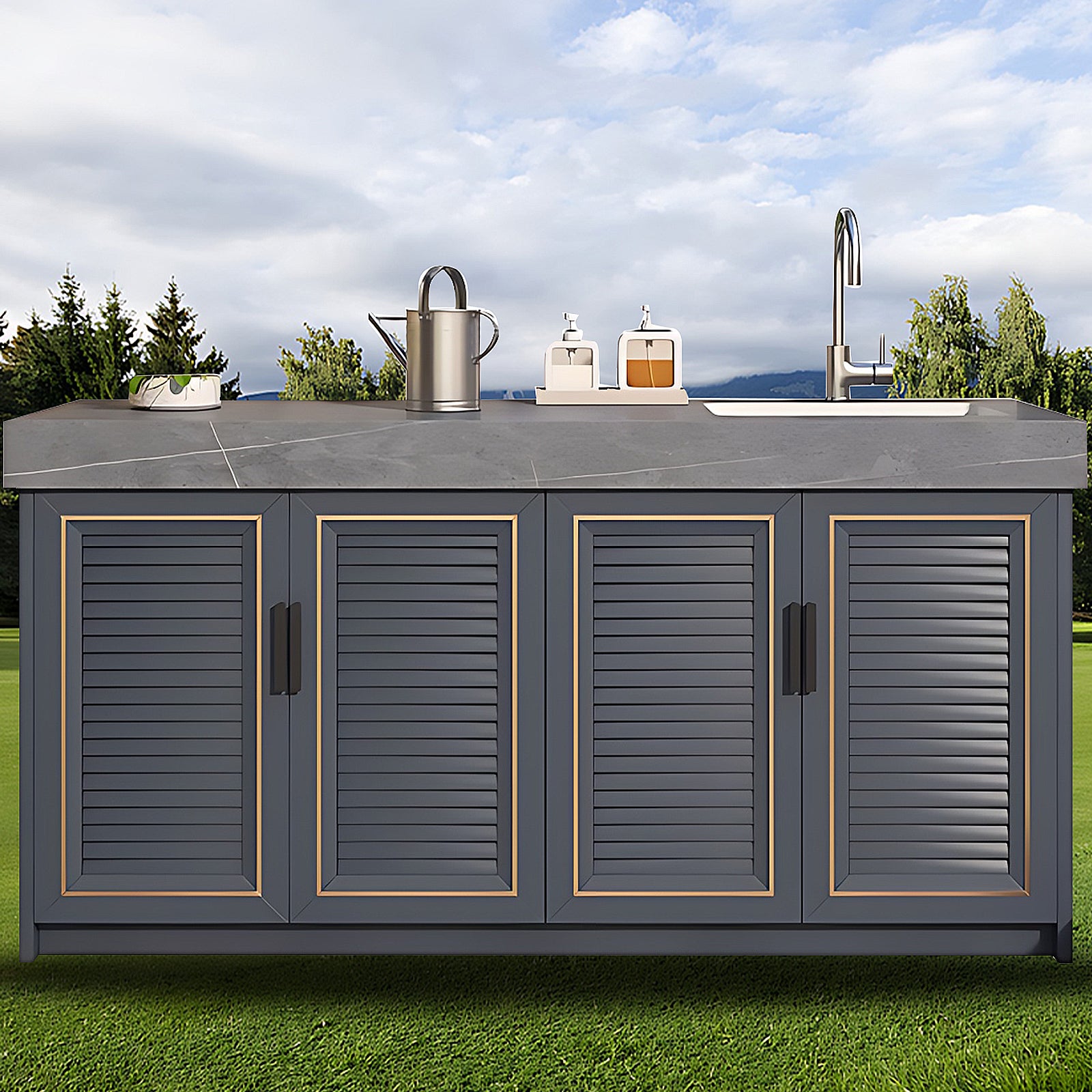 43.3" - 62.99" Outdoor Kitchen Sink Cabinet with Gold Striped Storage Door Surround