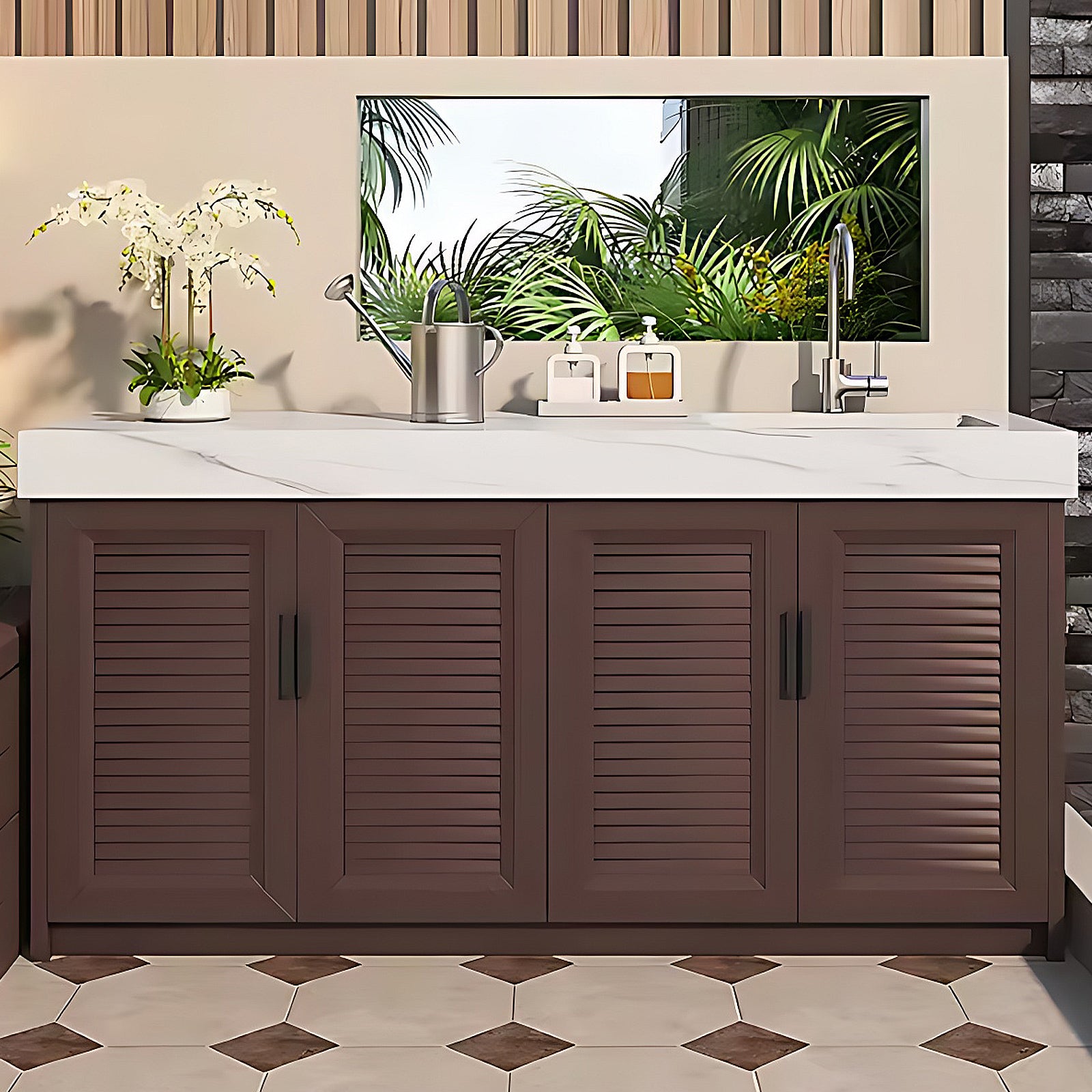 59.06“ - 62.99” Outdoor kitchen sink cabinet with rock slab countertop ceramic sink