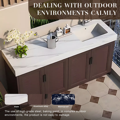 59.06“ - 62.99” Outdoor kitchen sink cabinet with rock slab countertop ceramic sink