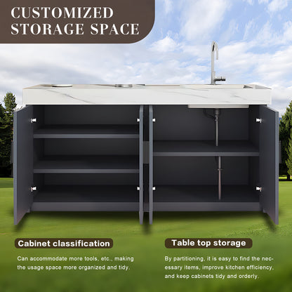 59.06“ - 62.99” Outdoor kitchen sink cabinet with rock slab countertop ceramic sink