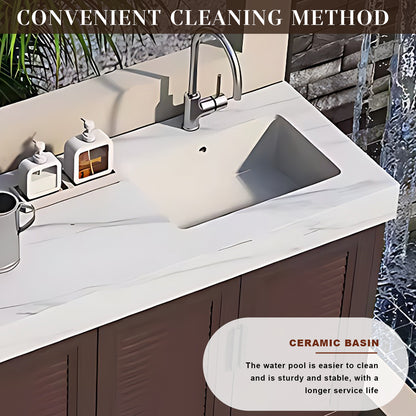 59.06“ - 62.99” Outdoor kitchen sink cabinet with rock slab countertop ceramic sink