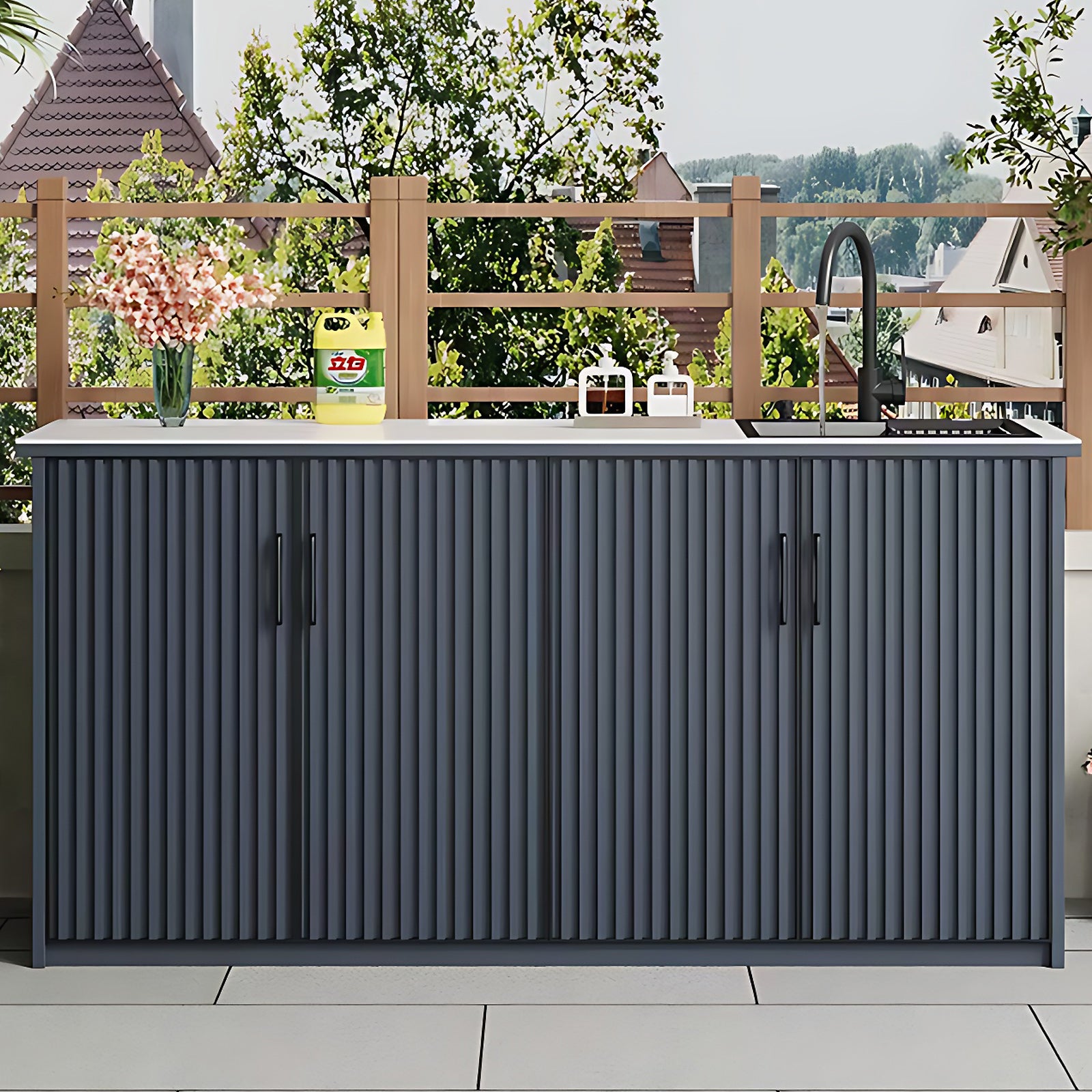62.99" Slate Countertop Outdoor Sink Cabinet with Aluminum Stripe Door