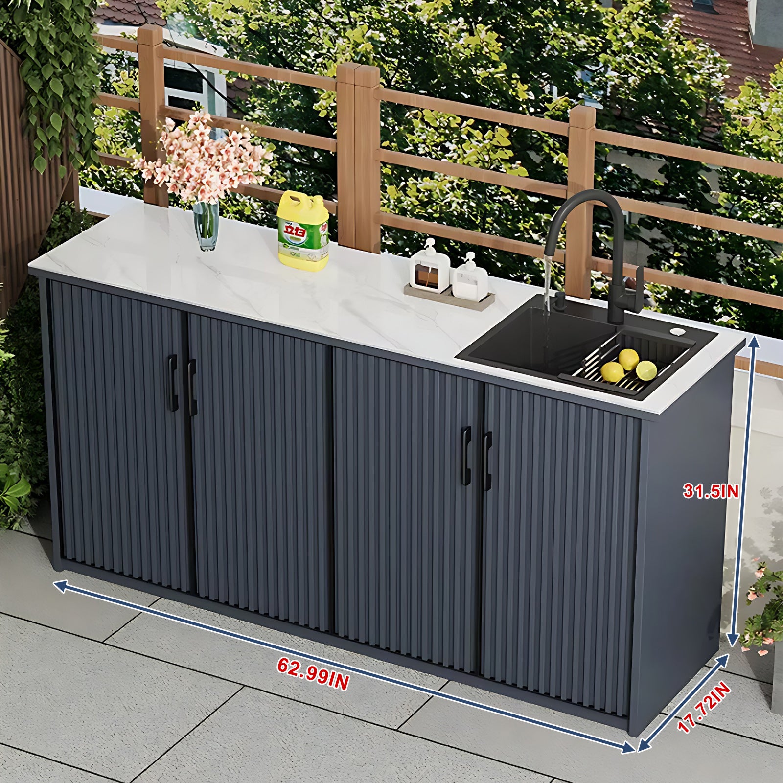 62.99" Slate Countertop Outdoor Sink Cabinet with Aluminum Stripe Door