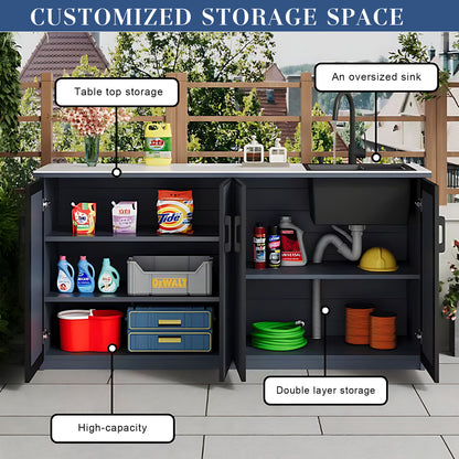 62.99" Slate Countertop Outdoor Sink Cabinet with Aluminum Stripe Door