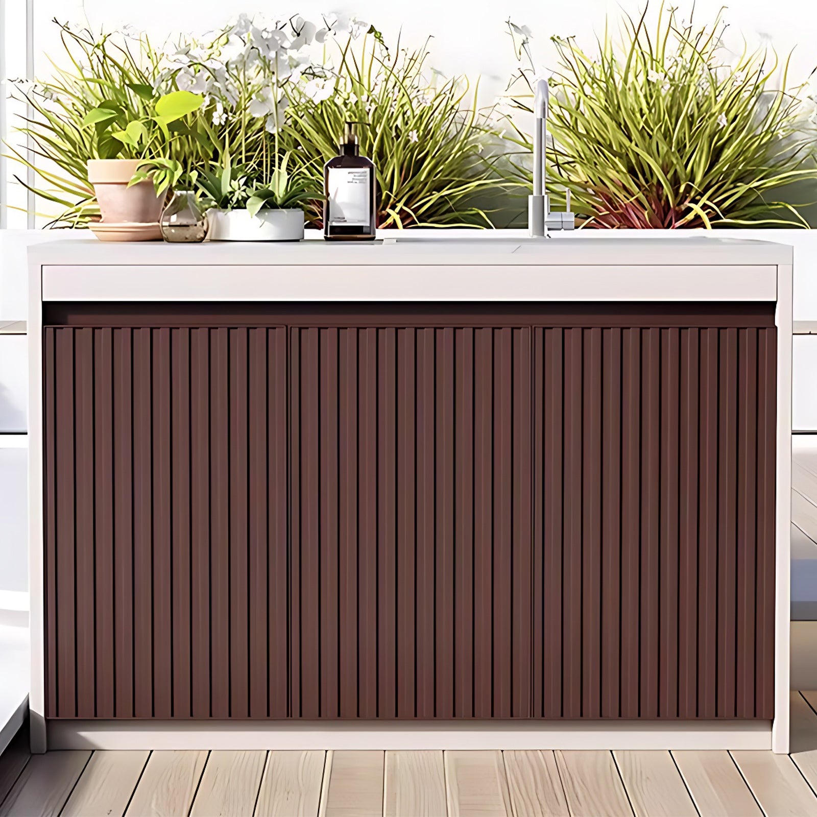 47.27“ - 62.99" Brown Aluminum Outdoor Kitchen Cabinet with Rock Slab Countertop