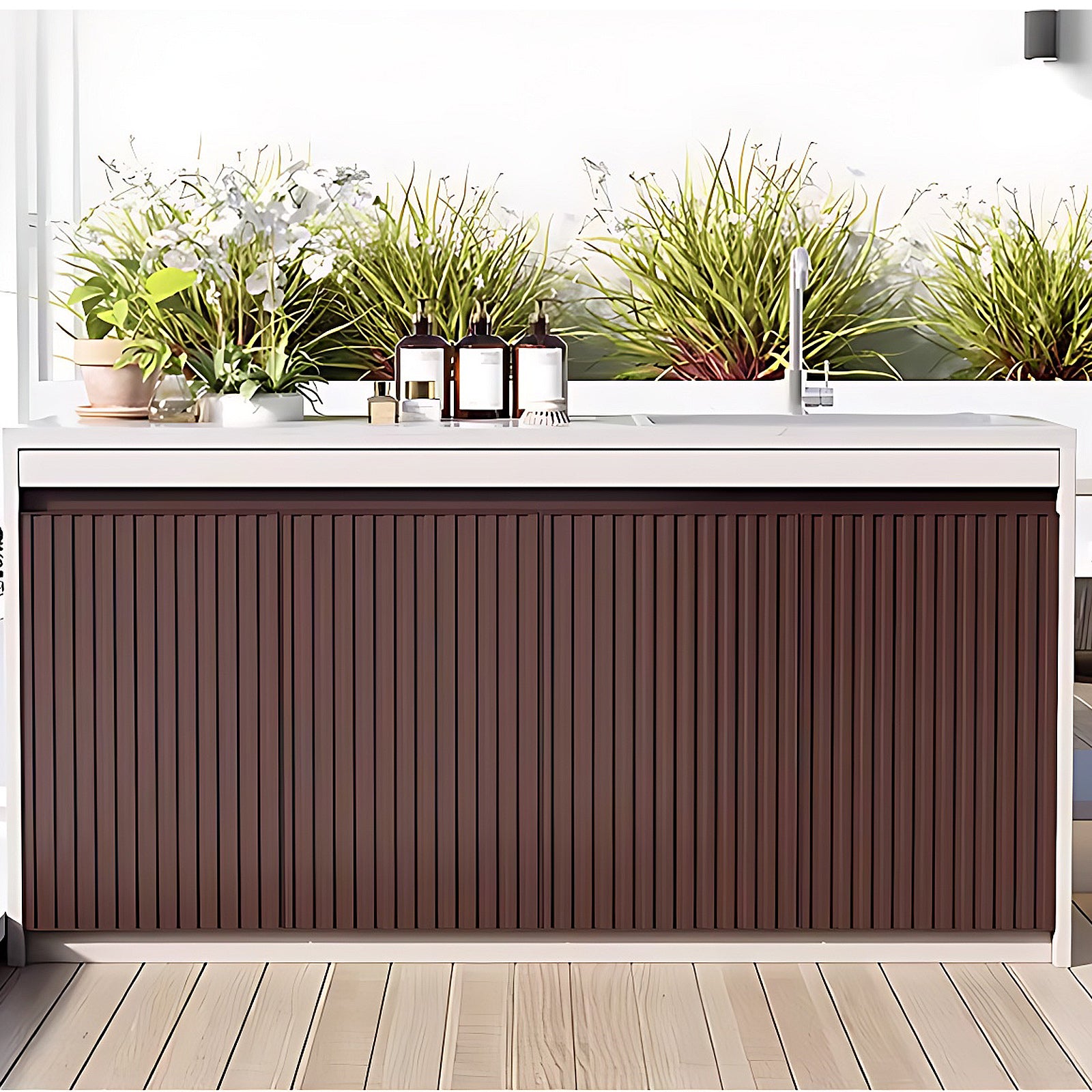 47.27“ - 62.99" Brown Aluminum Outdoor Kitchen Cabinet with Rock Slab Countertop