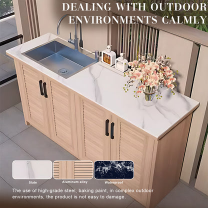 62.99" Outdoor Cabinet with Black Stable Handles and Natural Wood Grain Aluminum Doors