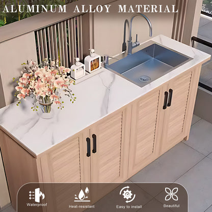 62.99" Outdoor Cabinet with Black Stable Handles and Natural Wood Grain Aluminum Doors