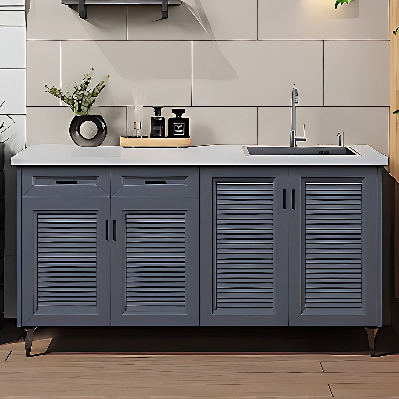 47.24" - 78.74" Outdoor Cabinet with Sink with Unique Aluminum Doors with Grey Stripes