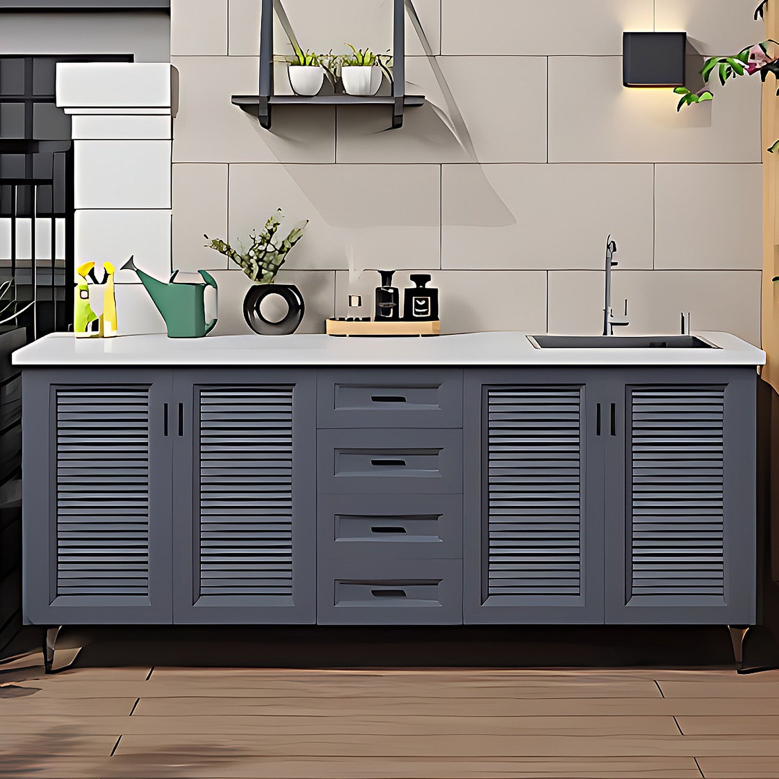 47.24" - 78.74" Outdoor Cabinet with Sink with Unique Aluminum Doors with Grey Stripes