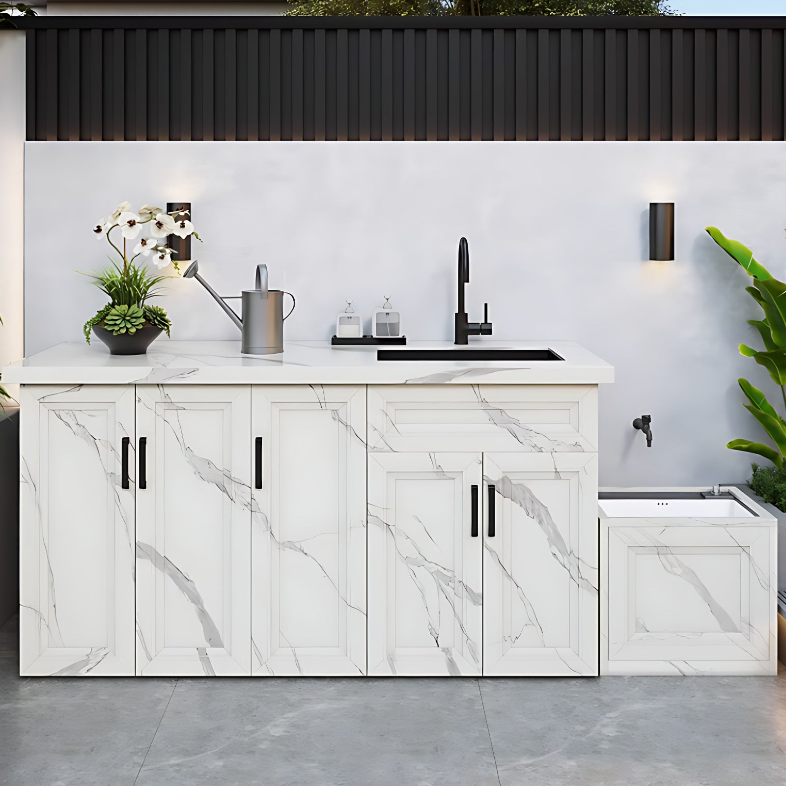 70.87“ Outdoor Cabinet with White Textured Aluminum Cabinet and Mop Pool Design