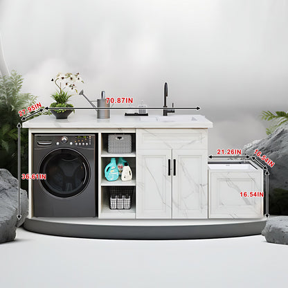 70.87” White Textured Aluminum Cabinet with Mop Sink and Washing Machine Cabinet