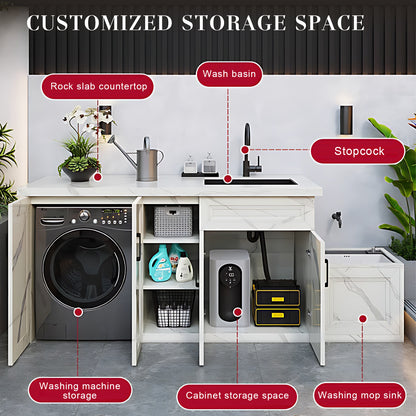 70.87” White Textured Aluminum Cabinet with Mop Sink and Washing Machine Cabinet