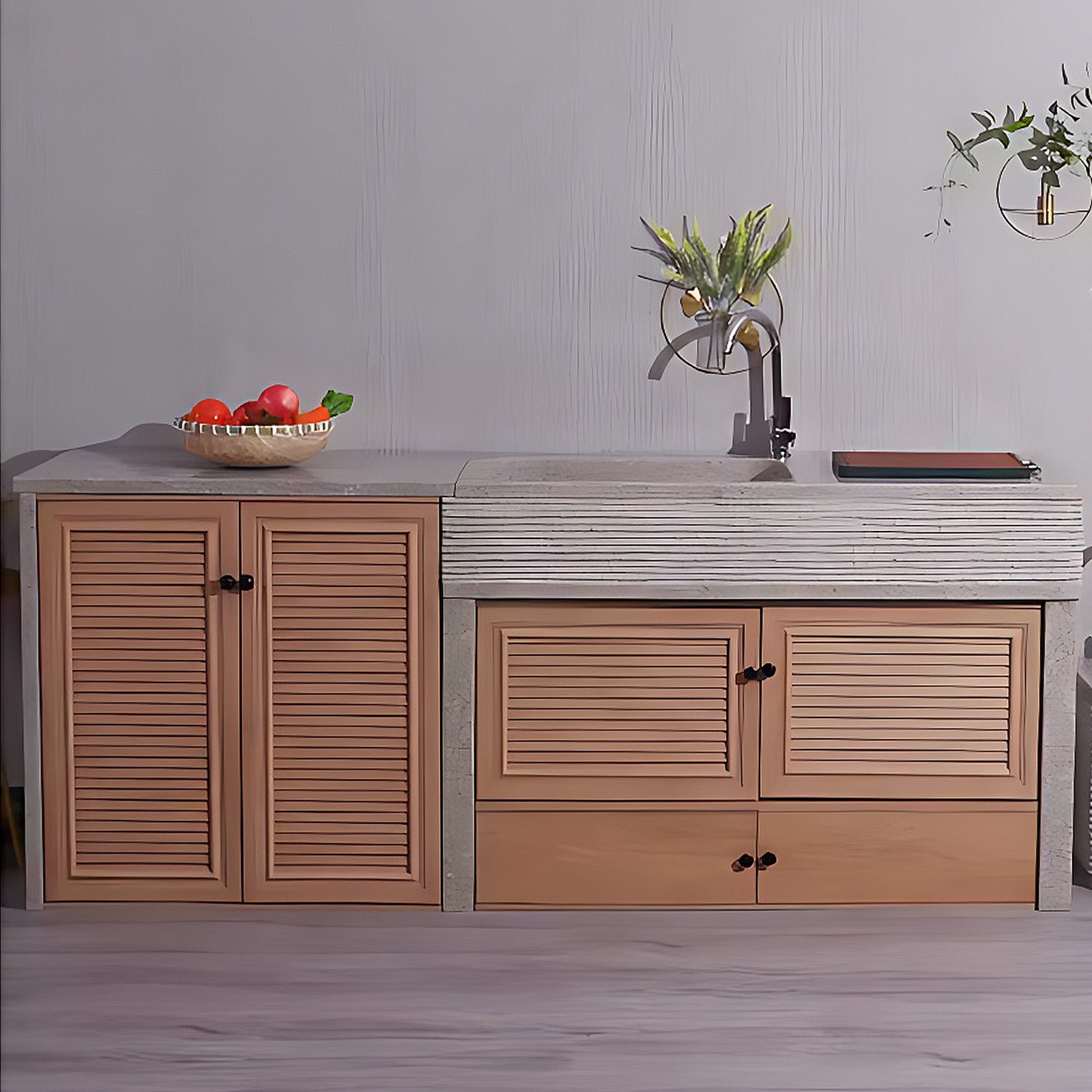 62.99“ - 94.49” Outdoor kitchen cabinets with wood grain style are suitable for garden and outdoor use