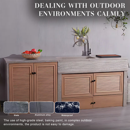 62.99“ - 94.49” Outdoor kitchen cabinets with wood grain style are suitable for garden and outdoor use