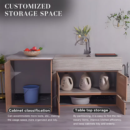 62.99“ - 94.49” Outdoor kitchen cabinets with wood grain style are suitable for garden and outdoor use