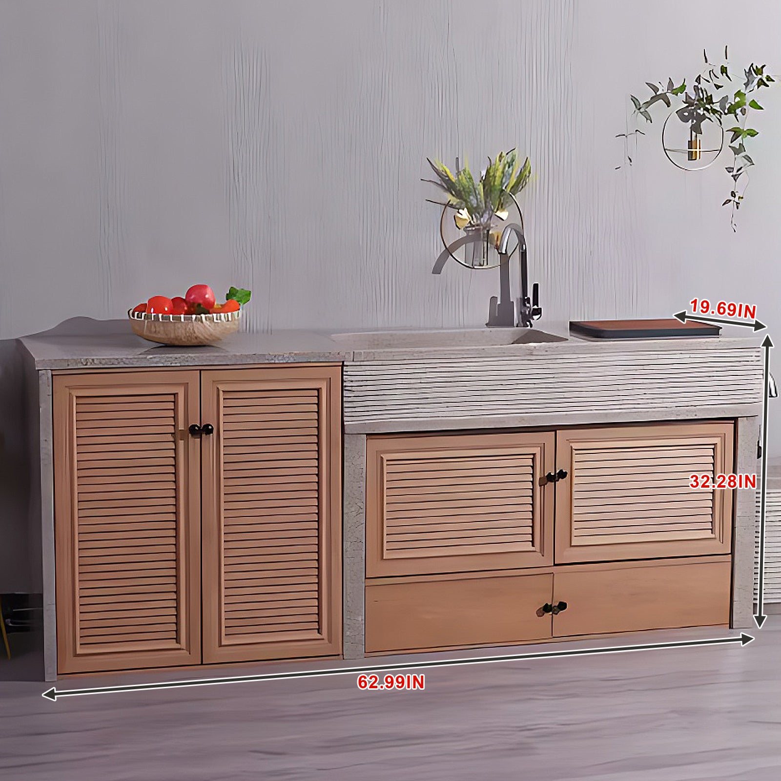 62.99“ - 94.49” Outdoor kitchen cabinets with wood grain style are suitable for garden and outdoor use