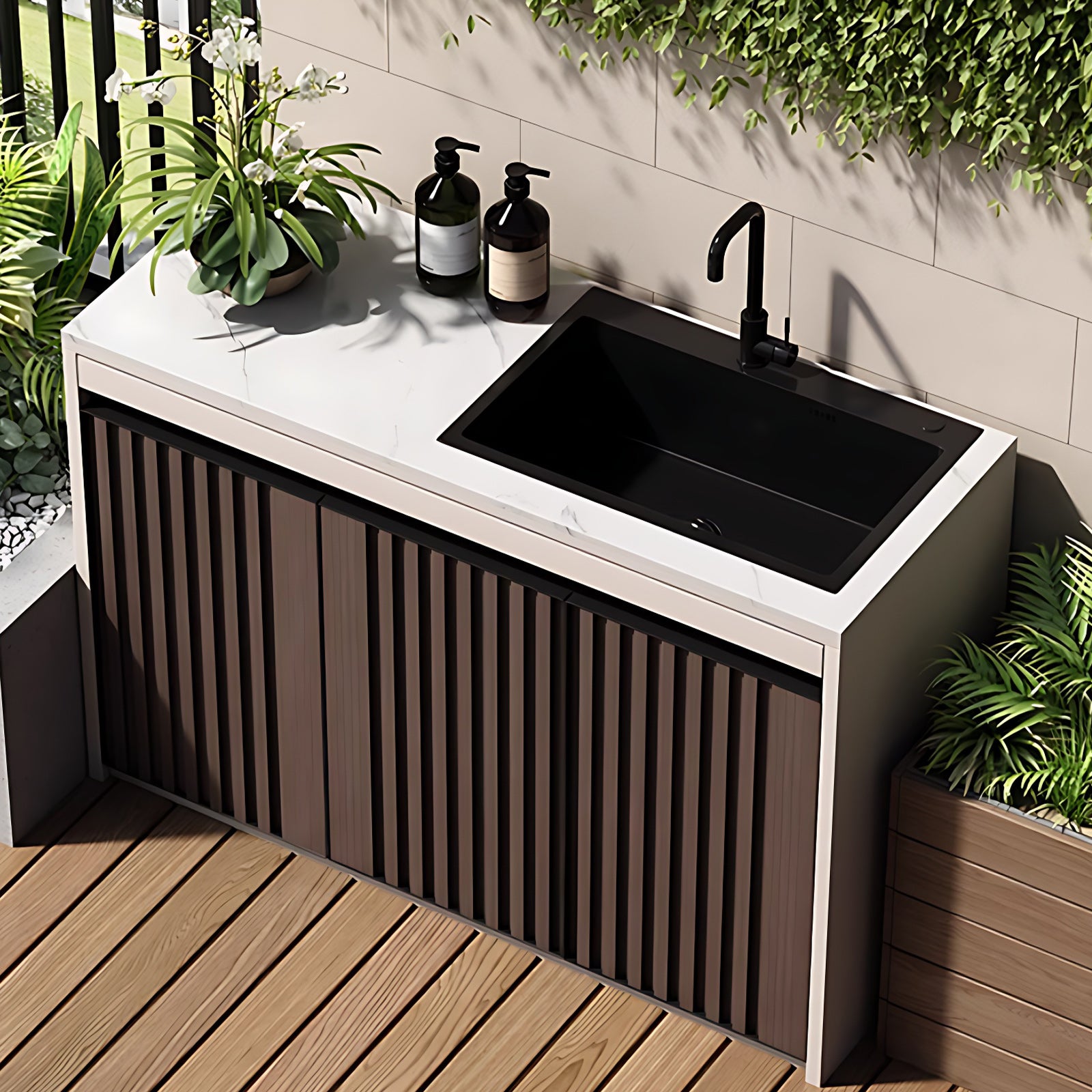 47.24“ - 78.74” Brown Vertical Aluminum Stripe Panel Slate Countertop Outdoor Cabinet