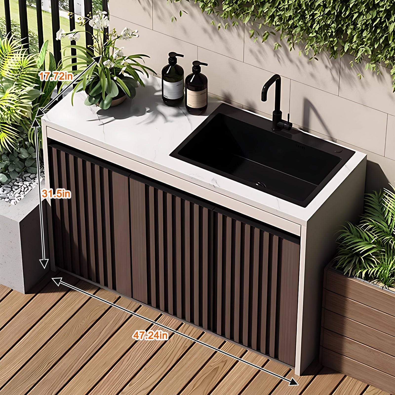 47.24“ - 78.74” Brown Vertical Aluminum Stripe Panel Slate Countertop Outdoor Cabinet