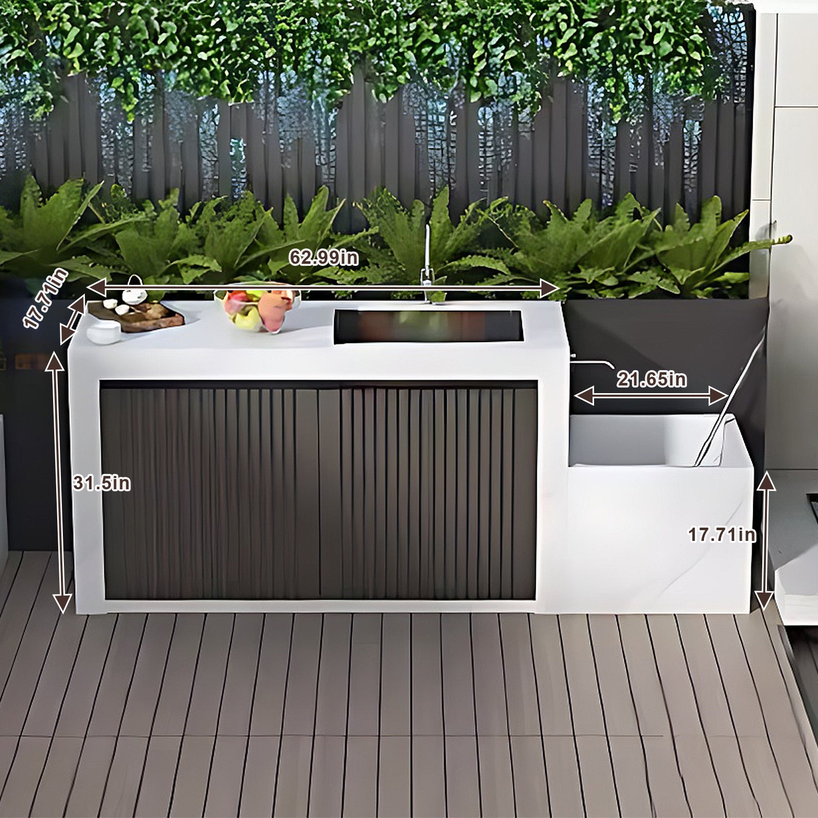 62.99" Outdoor Cabinet with Side Mop Pool, White Slate Countertop, Stainless Steel Sink
