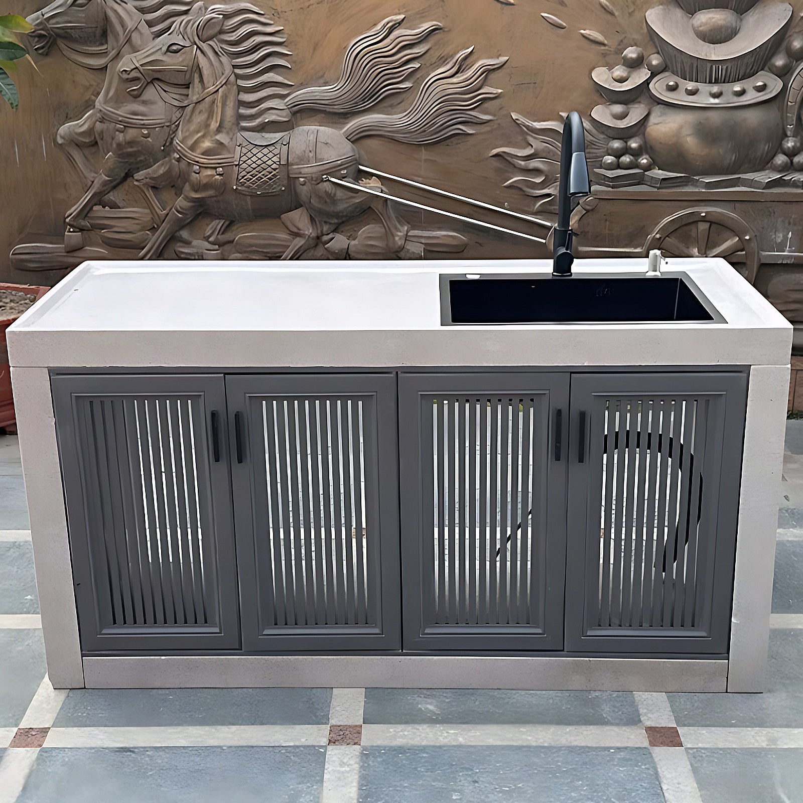 43.31"- 78.74" Large Outdoor Cabinet with White Slate Countertop and Stainless Steel Sink