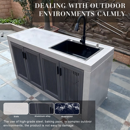 43.31"- 78.74" Large Outdoor Cabinet with White Slate Countertop and Stainless Steel Sink