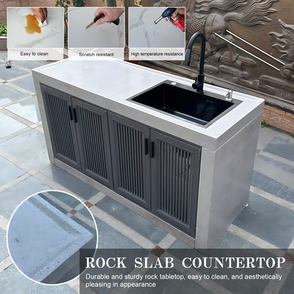 43.31"- 78.74" Large Outdoor Cabinet with White Slate Countertop and Stainless Steel Sink