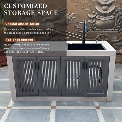 43.31"- 78.74" Large Outdoor Cabinet with White Slate Countertop and Stainless Steel Sink