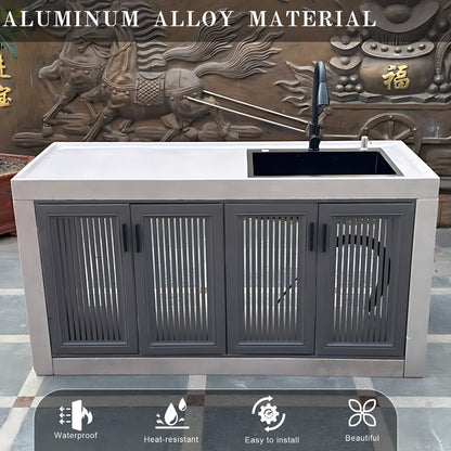 43.31"- 78.74" Large Outdoor Cabinet with White Slate Countertop and Stainless Steel Sink
