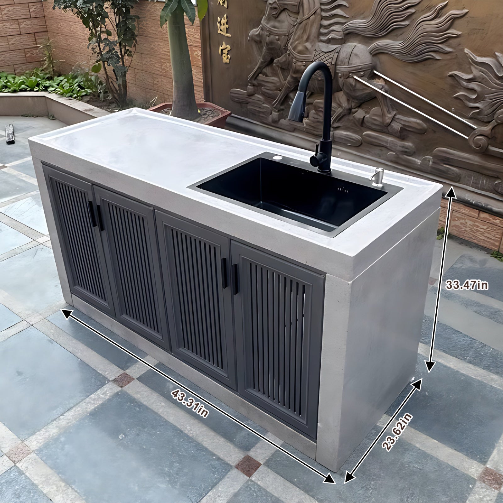 43.31"- 78.74" Large Outdoor Cabinet with White Slate Countertop and Stainless Steel Sink