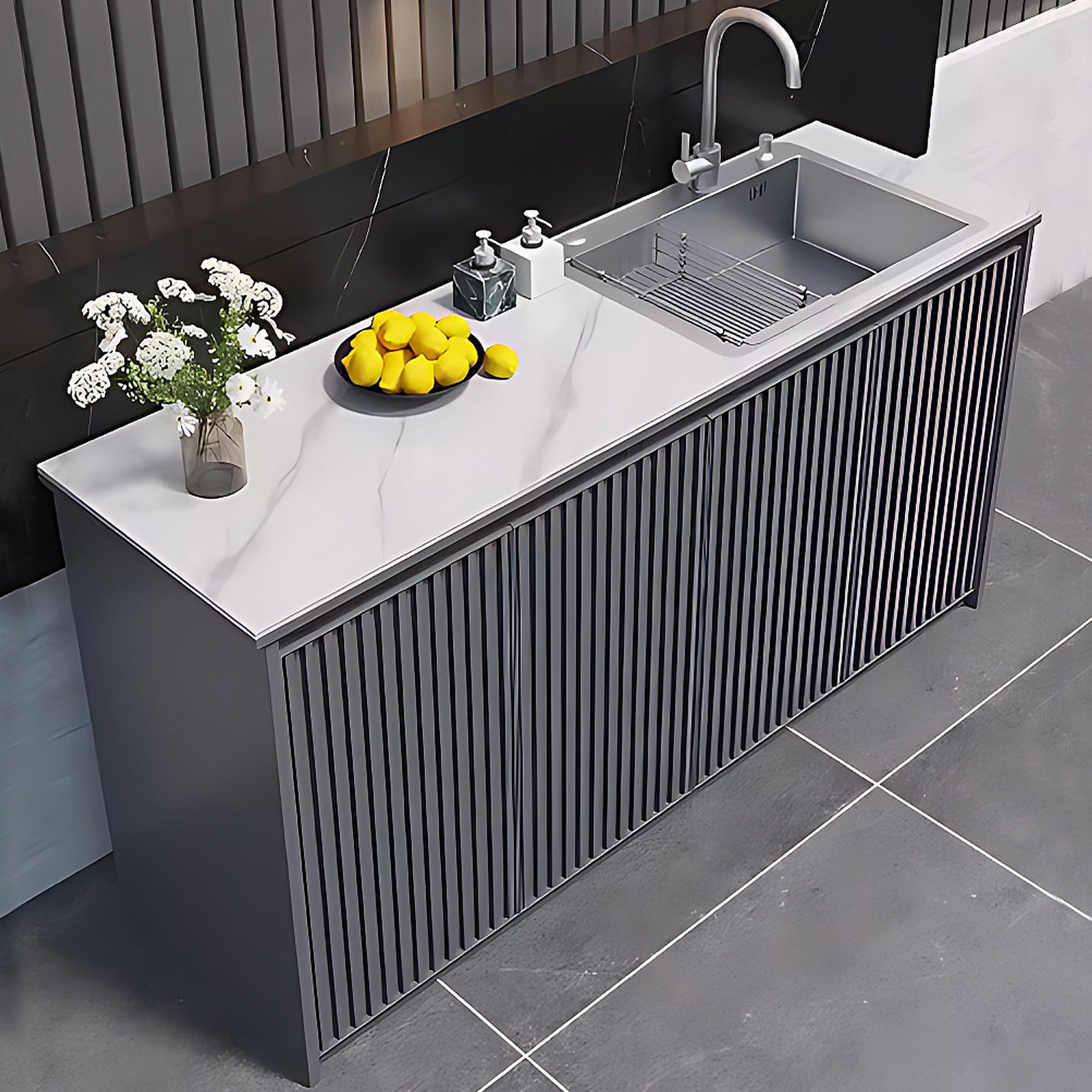 62.99“ - 78.74” Vertical Grille Aluminum Outdoor Cabinetry with Textured Slate Top