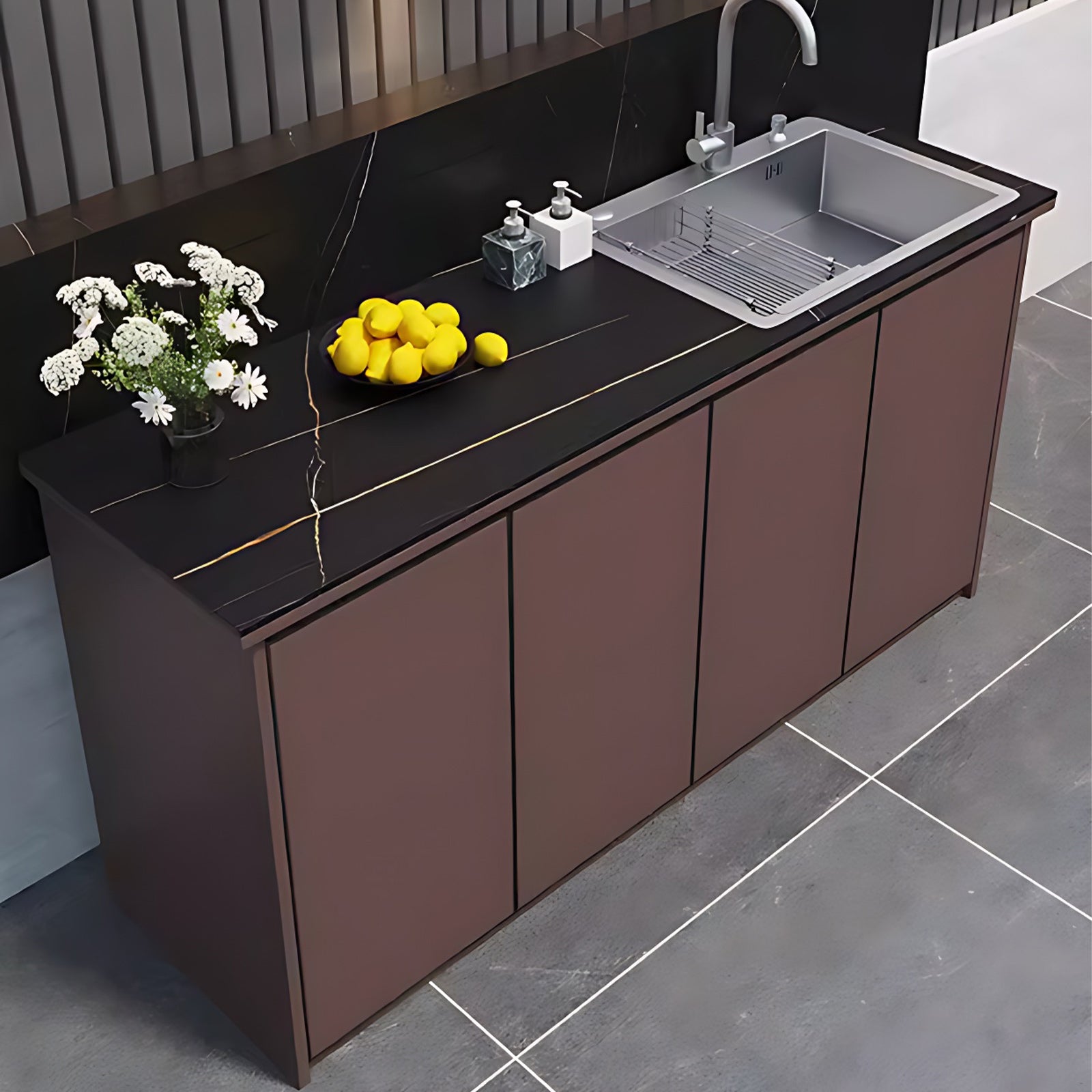 62.99" Outdoor Cabinetry Including Textured Slate Tabletop and Stainless Steel Sink